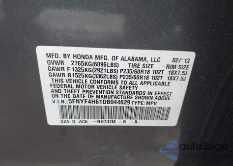 2013 Honda Pilot Ex-L z USA, uszkodzony, nr VIN 5FNYF4H61DB044629